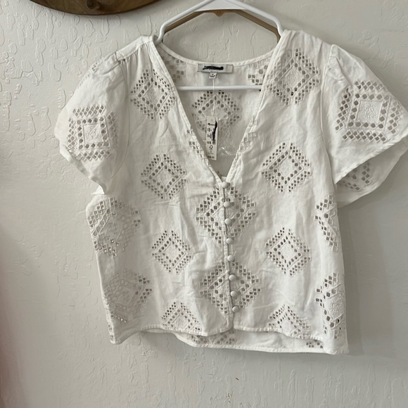 NWT Madewell Linen White Short Sleeve Eyelet Flutter Button Down Top Small - Picture 2 of 7